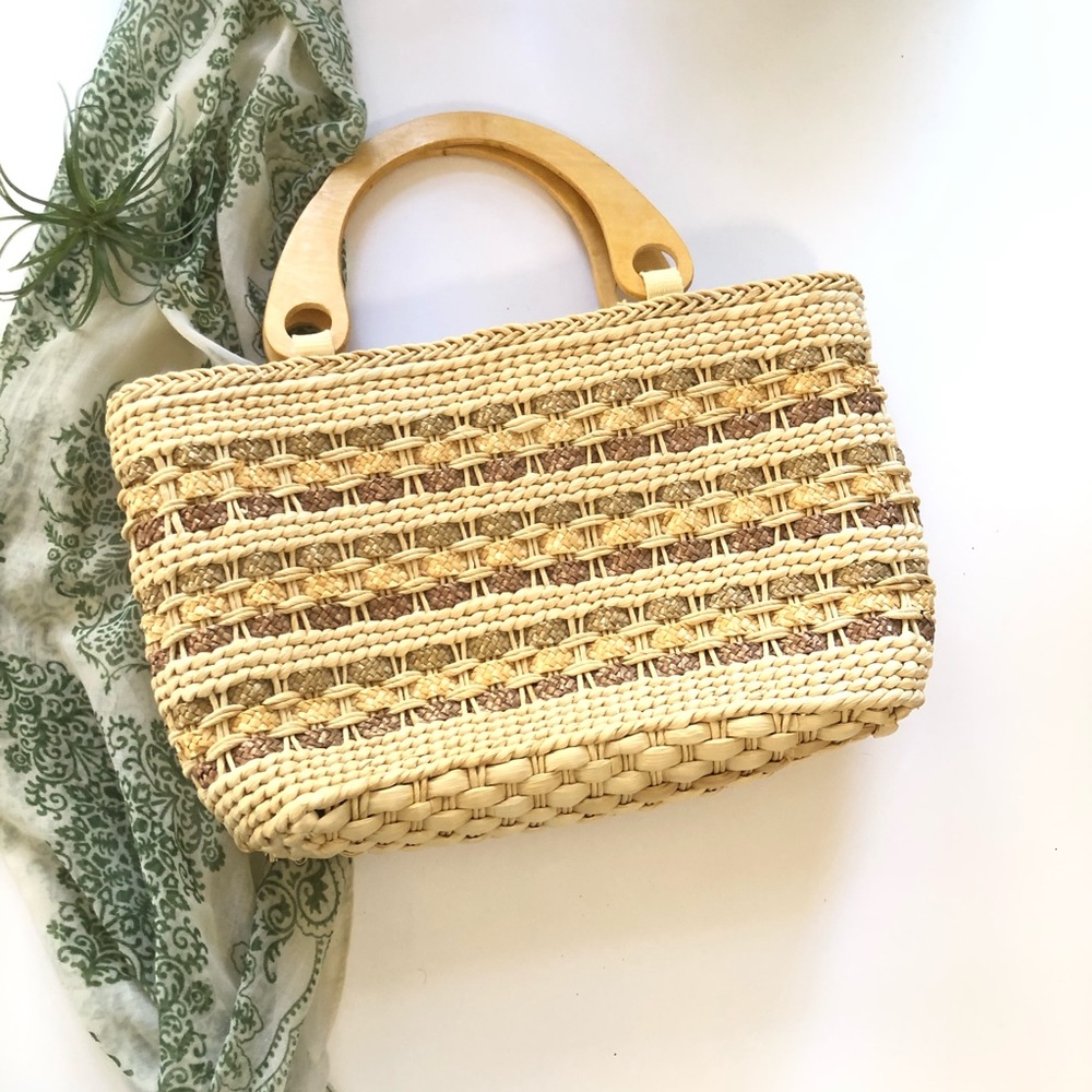 Worthington Straw Taffeta Purse Wood Handles - Picture 8 of 8